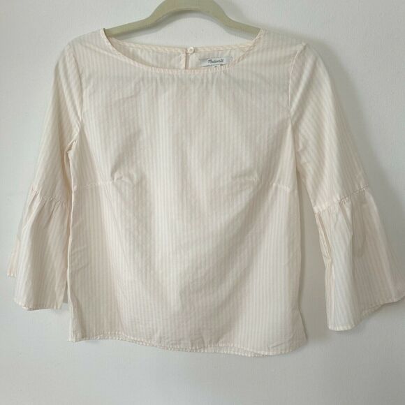 Madewell Apricot Ivory Poplin Stripe Ruffle Bell Sleeve Keyhole Back Blouse XS - Picture 3 of 9